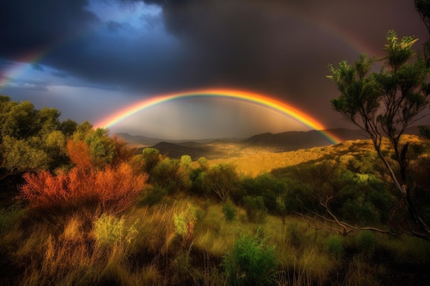 Dubbele regenboog boven een weelderig bos