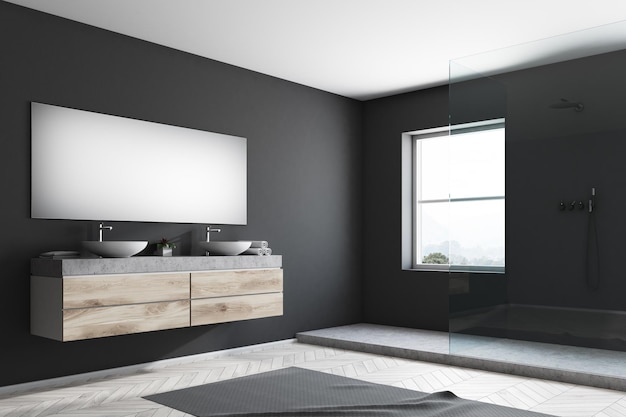 Dubbele wastafel en douchecabine in een zwarte muur badkamer met een houten vloer en tapijt. 3D-rendering mock-up