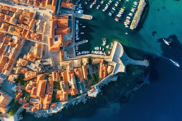 Dubrovnik Croatia Aerial view on the old town Vacation and adventure Town and sea Top view from drone at on the old castle and blue sea Travel image