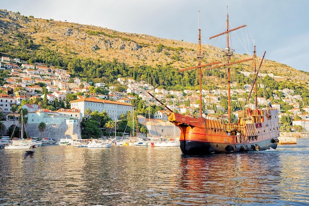 Dubrovnik, Croatia - August 18, 2016: Wooden ship at the Old port in the Adriatic Sea, Dubrovnik, Croatia.