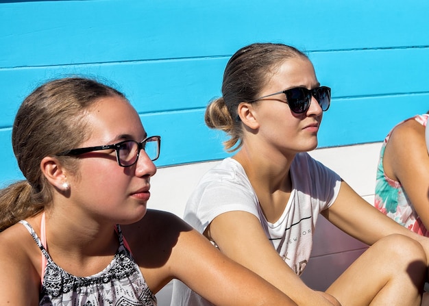 Dubrovnik, Croatia - August 19, 2016: Young girls sitting on the ferry from Dubrovnik to Lokrum, Croatia