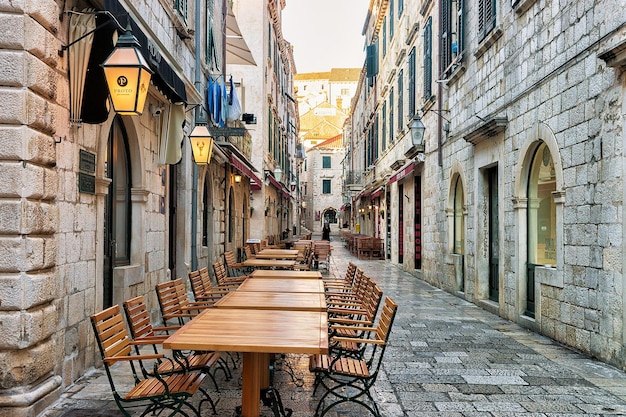 Dubrovnik, Croatia - August 20, 2016: Open Street terrace restaurant in the Old town, Dubrovnik, Croatia