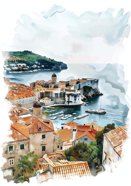 Dubrovnik Croatia landscape watercolor wedding invitation template