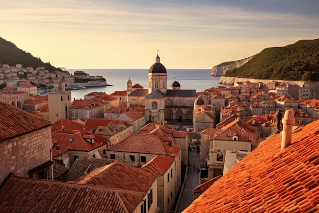 Dubrovnik old town in Croatia at sunset Dalmatia region of Croatia A panoramic view of the walled city Dubrovnik Croatia AI Generated