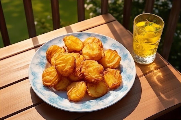 Duchess Potato and Ice Tea for Brunch Snacks on the Wooden Table with Green Garden View