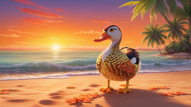 Duck on the beach at sunset 3d render illustration