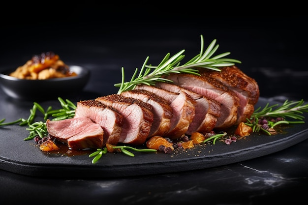 Duck breast roasted in a pan poultry meat steak with herbs wooden background top view