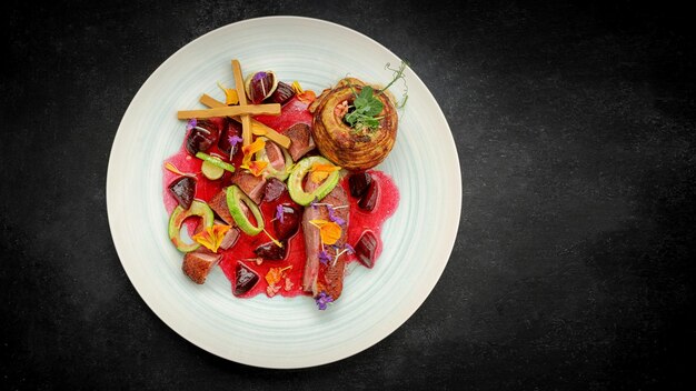 Duck breast with Brunust cheese apple and caramelized beets