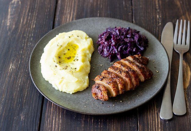 Duck breast with mashed potatoes and red cabbage