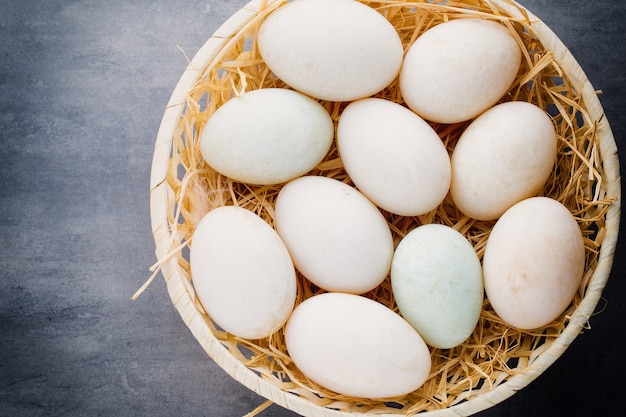 Duck eggs on a cage gray.