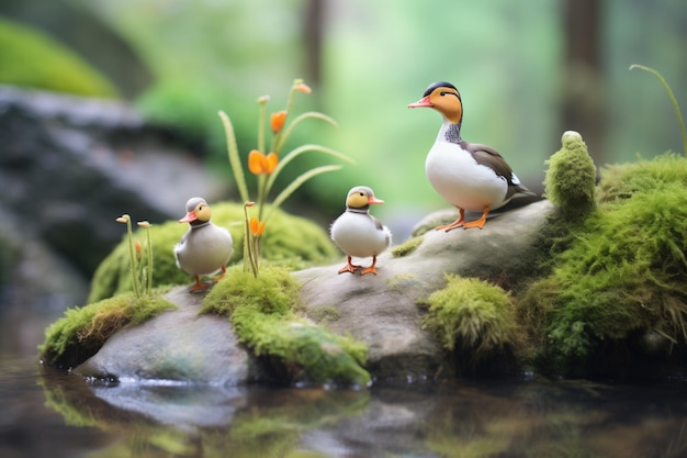 Duck family on a mossy rock by a forest creek