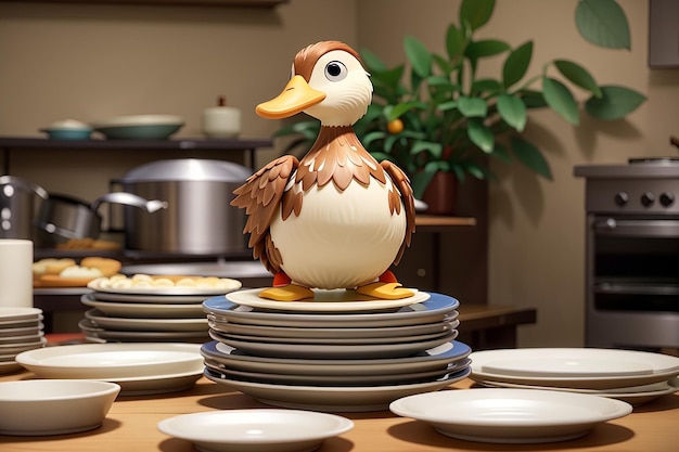 a duck figurine sits on a stack of plates