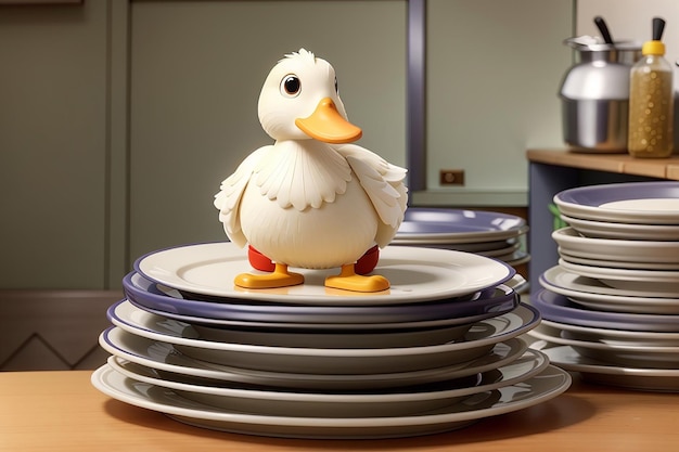 Photo a duck figurine sits on top of a stack of plates