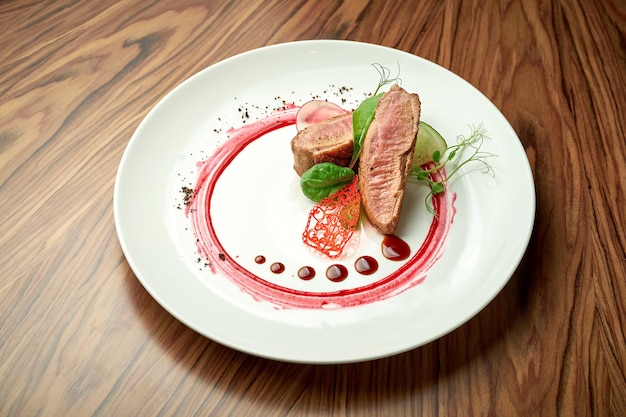 Filetto di anatra con verdure al forno e salsa rossa in un piatto bianco su fondo di legno