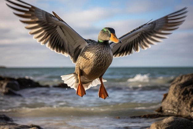 Утка в полете над пляжем ее крылья широко развернуты на прибрежном фоне