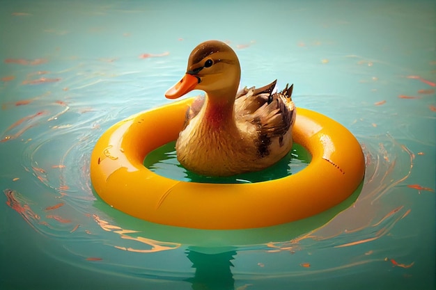 A duck floating on a float in a pool