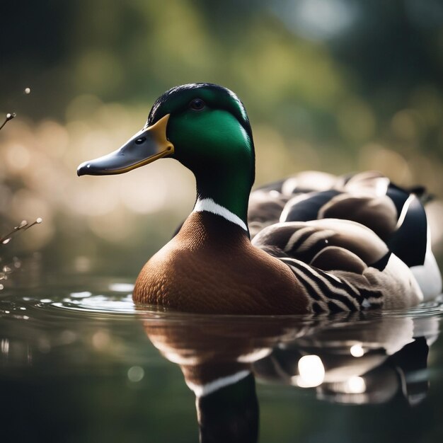 Photo a duck green head swimming alone with a blur background