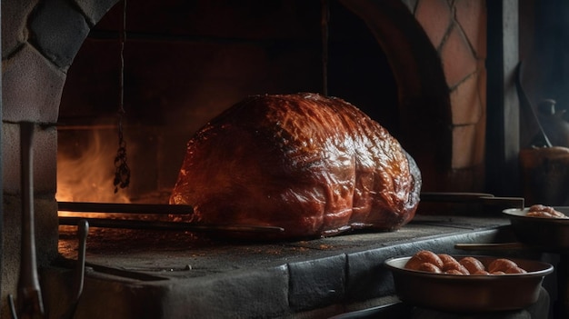 A duck on a grill in a brick oven