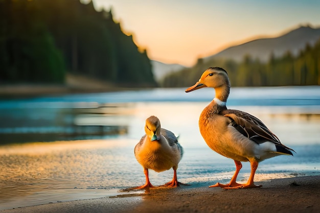 A duck and her duck stand on a lake shore.