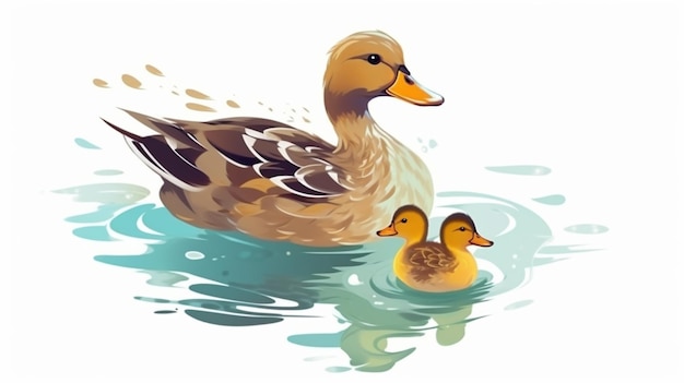 A duck and her ducklings are swimming in the water.