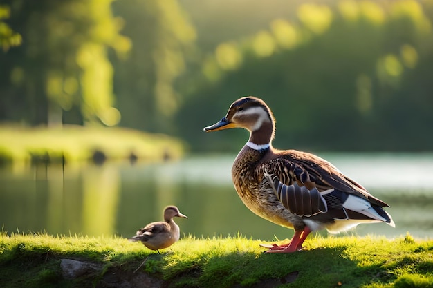 A duck and her ducklings stand on a grassy bank in front of a lake.