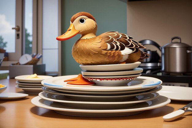 a duck is sitting on a stack of plates with a duck on it