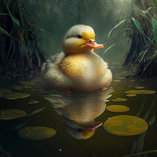 A duck is sitting in the water with leaves floating on the water.