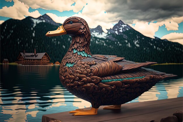 Photo a duck is standing on a dock with mountains in the background