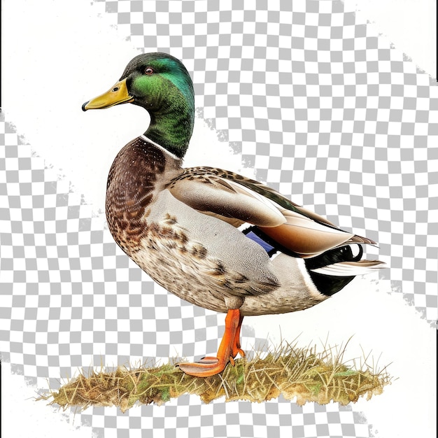 a duck is standing in the grass with a checkered background