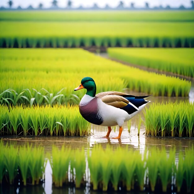 a duck is standing in a rice field with rice plants in the background