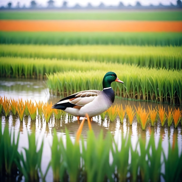 a duck is standing in a rice field with water in the background