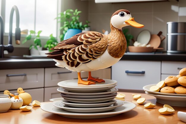 a duck is standing on a stack of plates with apples on it