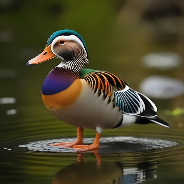 a duck is standing in the water with the reflection of it