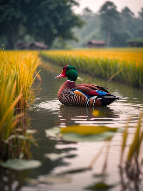 Photo a duck is swimming in a pond with a duck in the water