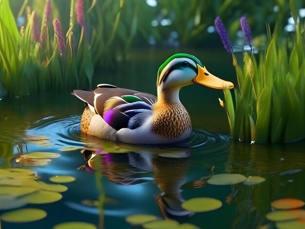 a duck is swimming in a pond with the reflection of the duck in the water