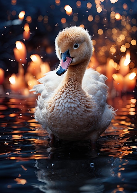 Photo a duck is swimming in the water with a light on it