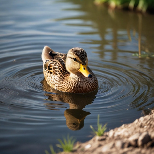 Photo a duck is swimming in the water with the reflection of a tree