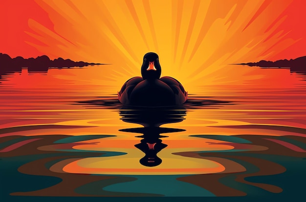 A duck is swimming in the water with the sun setting behind it