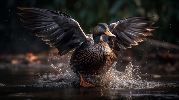 A duck is taking off in a pond with its wings spread.