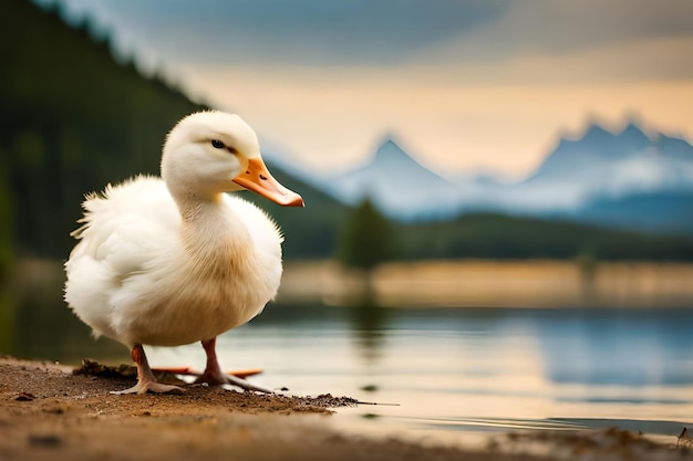 Photo a duck on a lake with mountains in the background