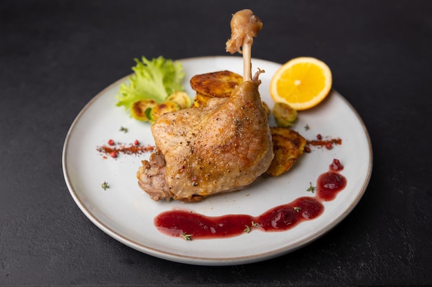 Duck leg confit with Brussels sprouts baked potatoes thyme orange and lingonberry sauce Traditional French cuisine Selective focus closeup black background