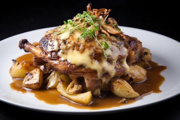Premium Photo | Duck legs confit potato gratin mushroom sauce