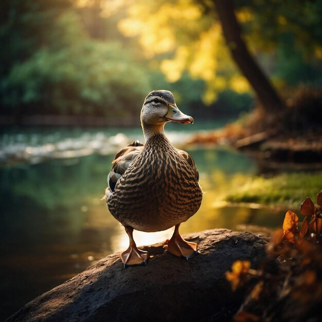 Photo duck living life in nature with an active background