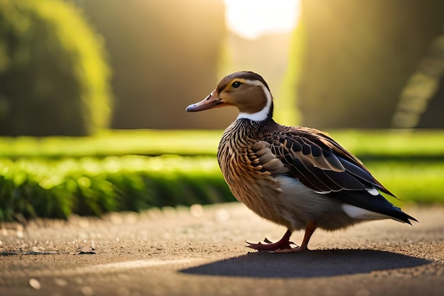 A duck on a path in the park