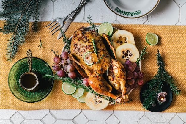 duck poached for thanksgiving with grapes quince rosemary and thyme