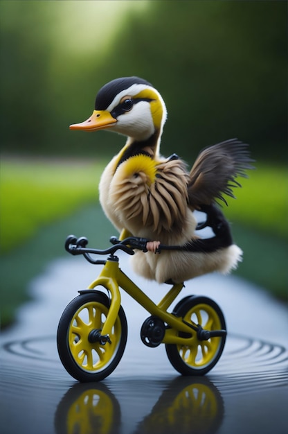 Foto un'anatra che va in bicicletta