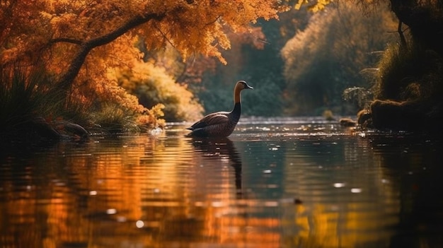 A duck in a river with autumn leaves on the background