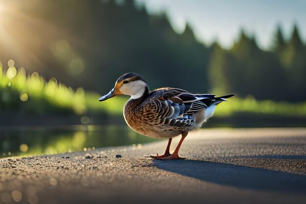 A duck on the road in the morning