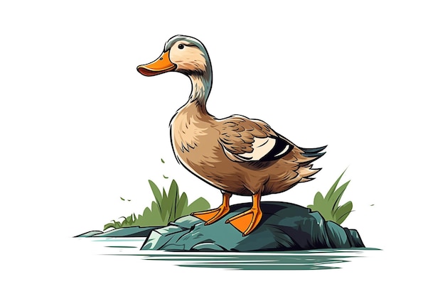 A duck on a rock in the water