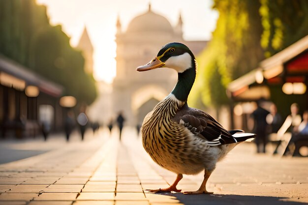 Photo a duck on a sidewalk in front of a building